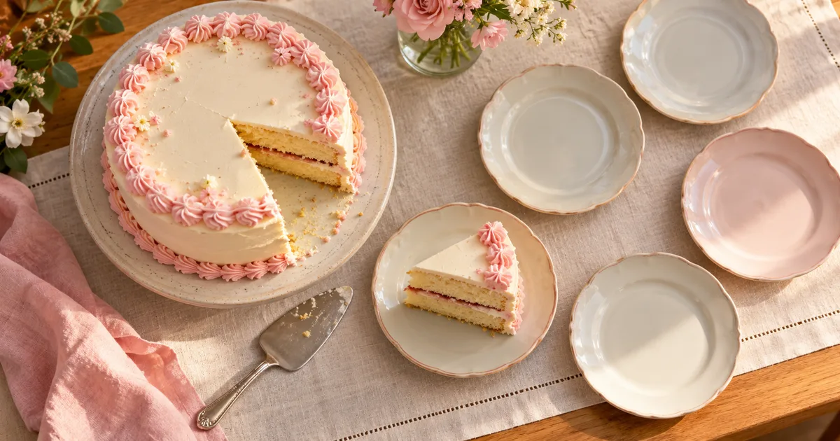 Una porción de tarta y platos preparados para calcular el servicio de una celebración