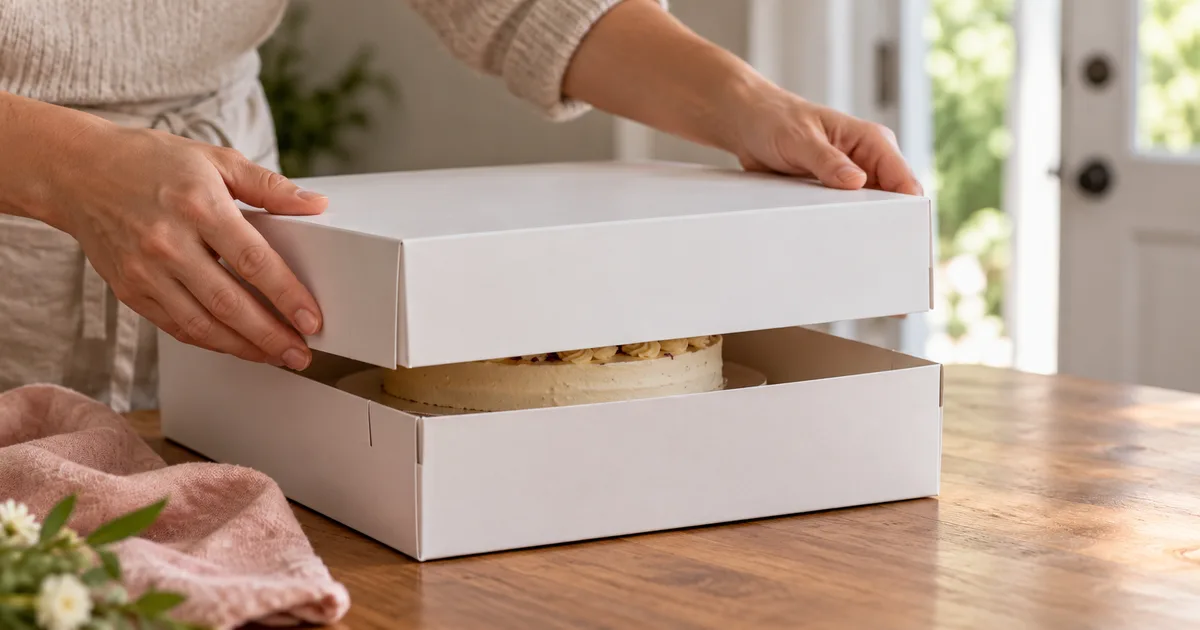 Caja de pastelería sobre una base plana preparada para recoger una tarta